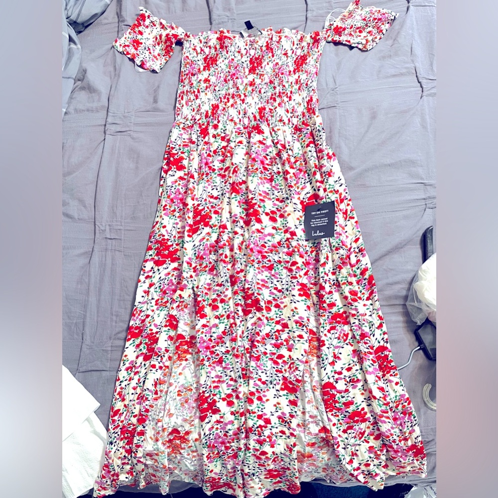 LULUS View from the Meadow Cream Floral Print Off-the-Shoulder Dress size M NWT - Picture 4 of 12